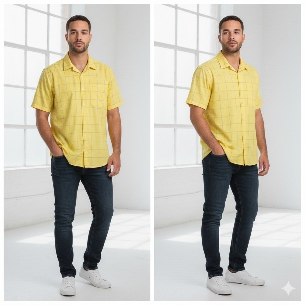 LRG Wovens Plaid Shirt XL Yellow Gray Short Sleeve Cotton Clear Cut Casual